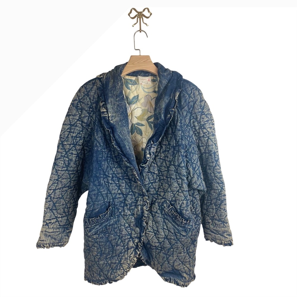 Vintage Carreli Acid Wash Quilted Denim Ruffle Jacket Blue Floral Israel 44